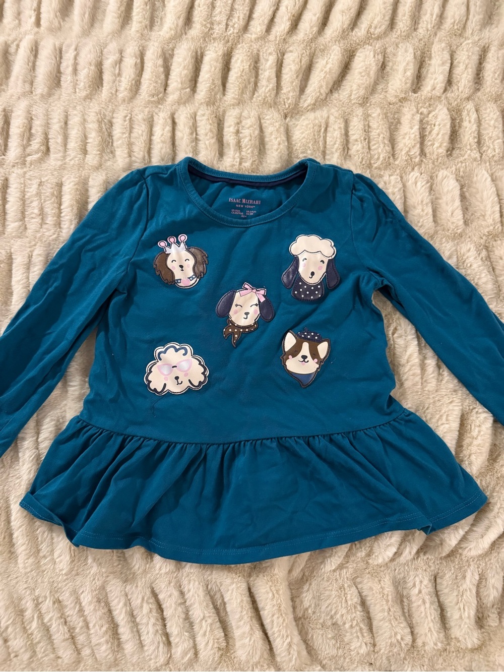 Isaac Mizrahi Teal Long-Sleeve Peplum Top with Puppy & Sheep Appliqués